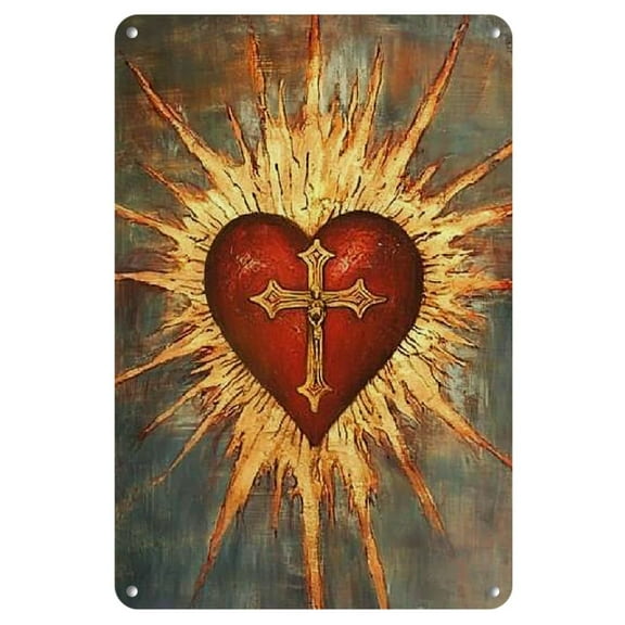 1pc, Vintage Sacred Heart of Jesus Metal Sign - 8"x12" Durable Iron, Retro Religious Wall Art with Golden Frame & Latin Text for Home, Cafe, Bar, Garden - Classic Christian Decor Plaque