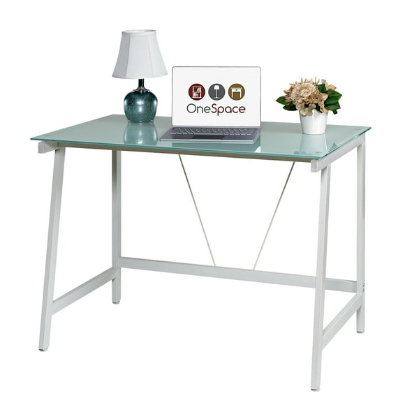 OneSpace 50-HD0107 Contemporary Glass Writing Desk, Steel Frame, White and Cool Blue
