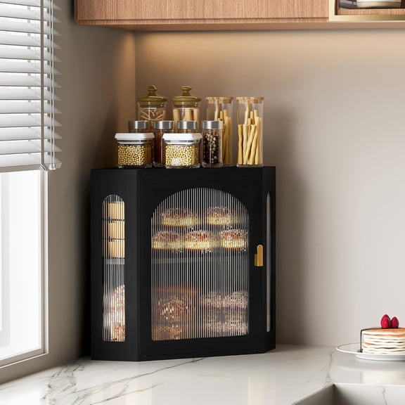 Bamboo Corner Bread Box for Kitchen Countertop - Extends Freshness - Large Storage Capacity Double Layer Bread Boxes, Vintage Pantry Storage Organizer with Adjustable Shelves, Black