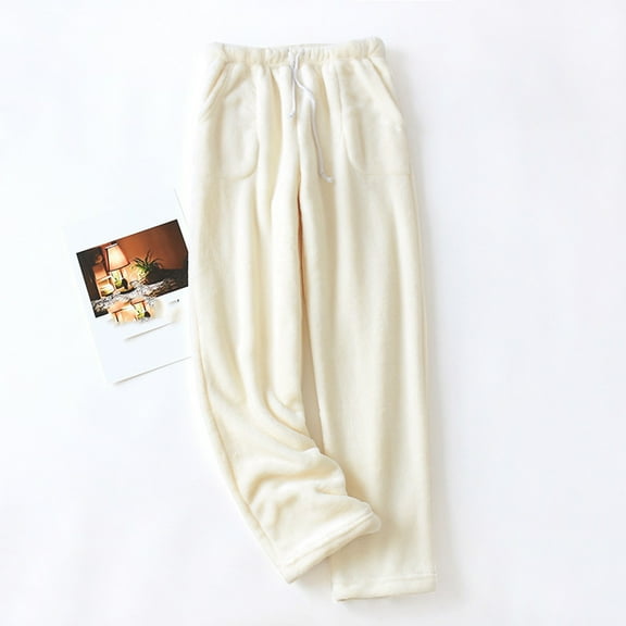 Munlar With Pockets Womens Fleece Leggings Mid Waist Loose Fit Beige Pajama Pants for Women