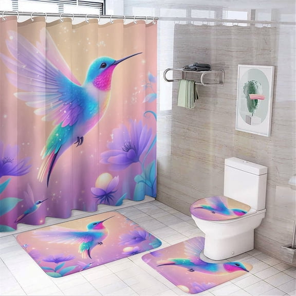 Colorful Hummingbird Floral Art Shower Curtain Set Modern Bathroom Decor Mats 4pcs Fabric Bathroom Curtain Slip Floor Rug Toilet Lid
