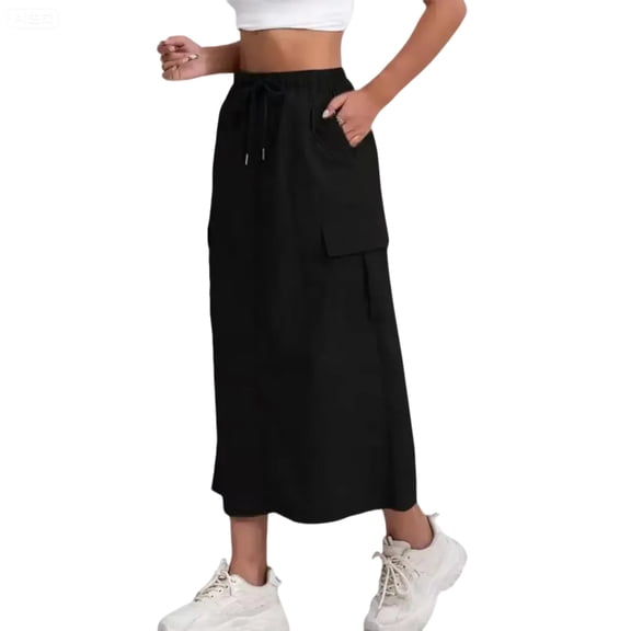 Cargo Skirts for Women Quick Dry Hiking Maxi Skirt Casual Drawstring High Waisted Skirts with Pockets Black XL