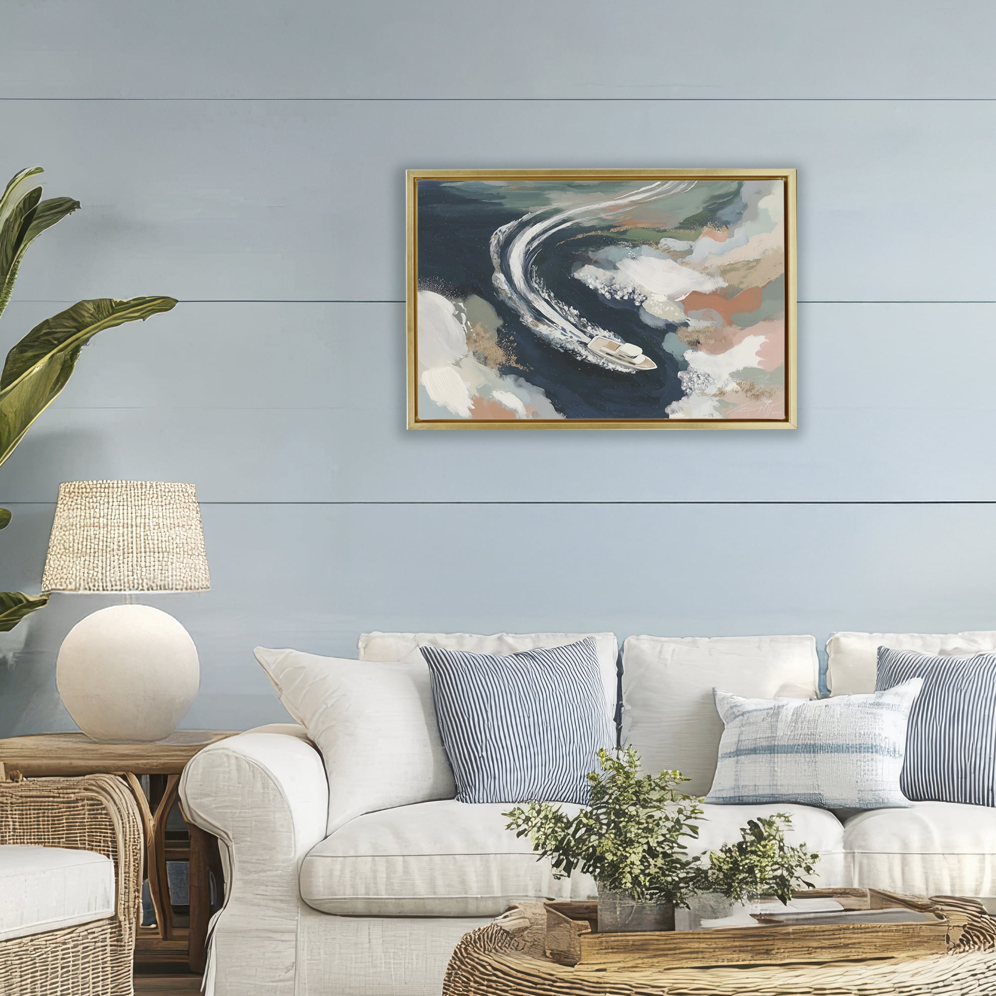 Stupell Industries Boat Wake From Above Gold Framed Floater Canvas Wall Art, design by Chromatic Storm Studio