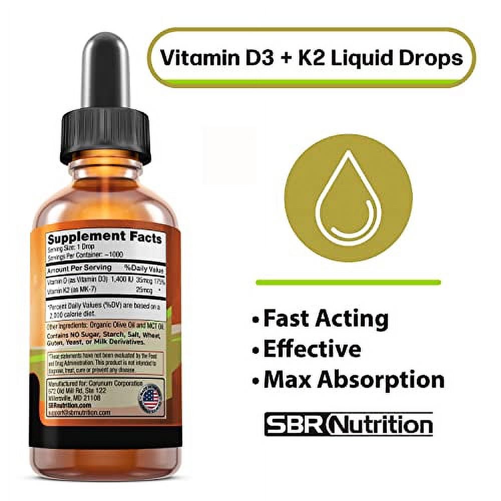 MAX ABSORPTION Vitamin D3 + K2 (MK-7) Sublingual Liquid Drops with MCT Oil | Naturally Unflavored | Helps Support Strong Bones and Healthy Heart, Boost Immune System