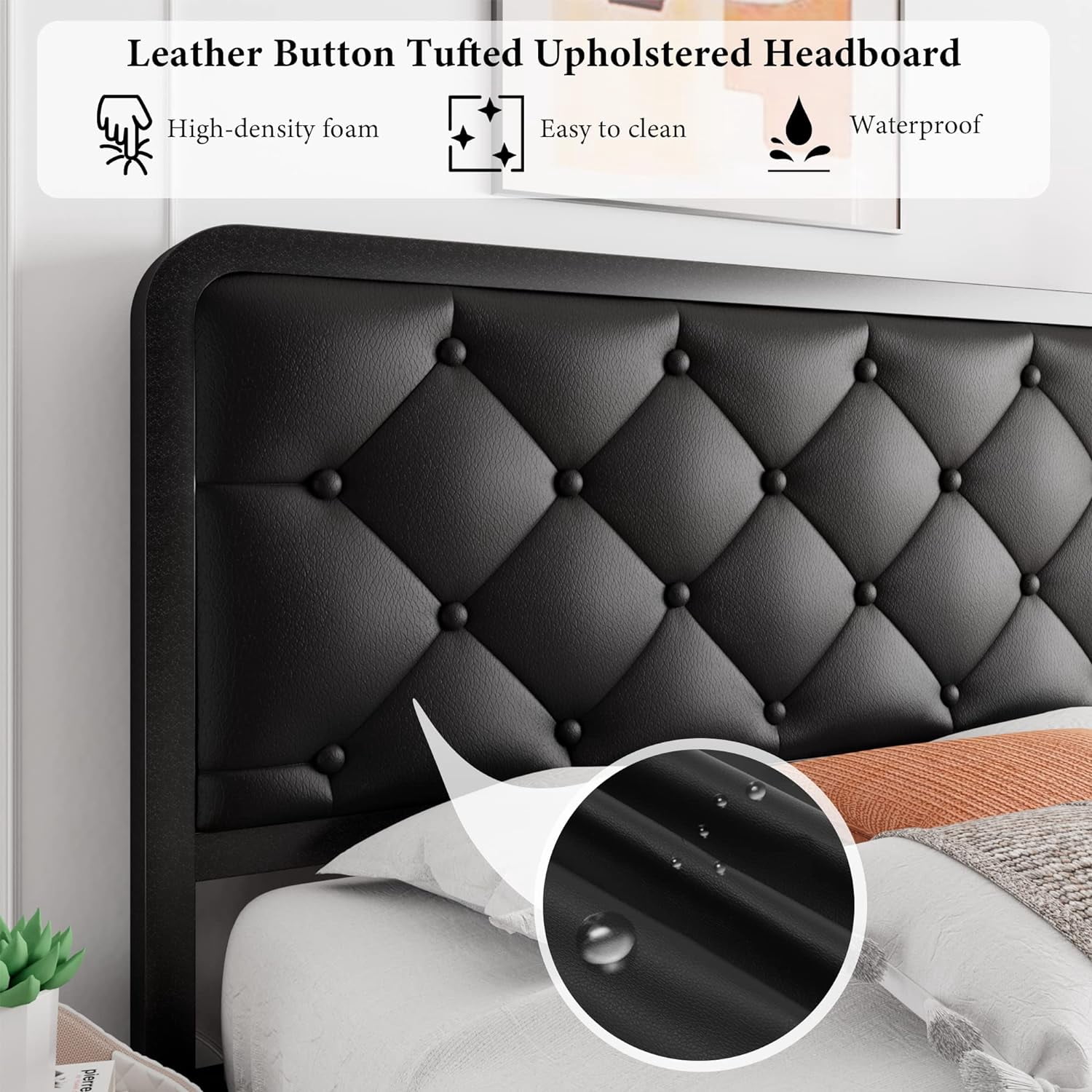 iPormis Twin Size Metal Bed Frame with Black Faux Leather Upholstered Headboard, 12'' Underbed Space,  Black