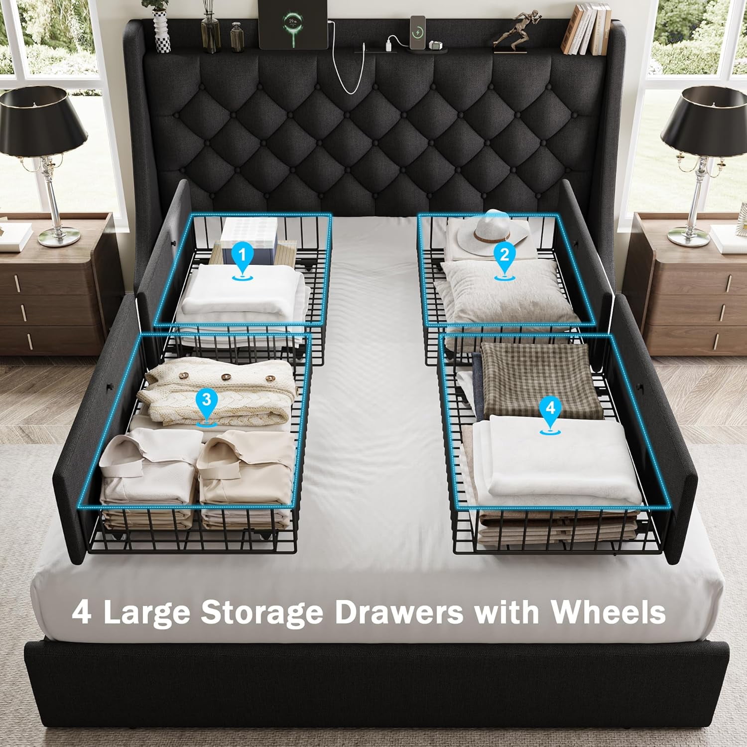 Galnfu Full Bed Frame with 4 Storage Drawers, Giant Upholstered Wingback Headboard, Fast Charging Station, No Box Spring Needed, Noise-Free,Black