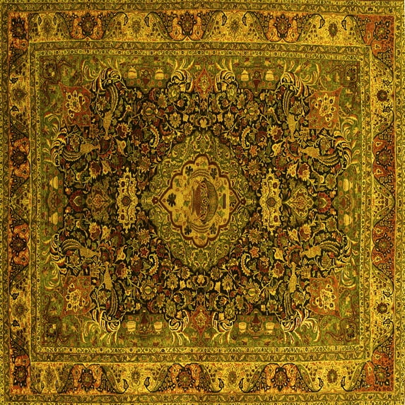Ahgly Company Machine Washable Indoor Square Medallion Yellow Traditional Area Rugs, 3' Square