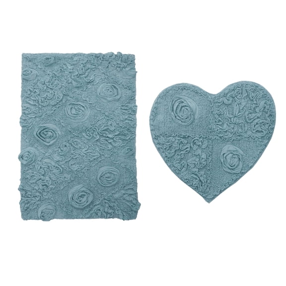 Home Weavers Modesto Bath Rug 100% Cotton Non-Slip Bathroom Rug Set Machine Washable Bath Rug-21"x34", Heart Shape Rug- 25"x25", Blue Color 2 Piece Bath Rug set