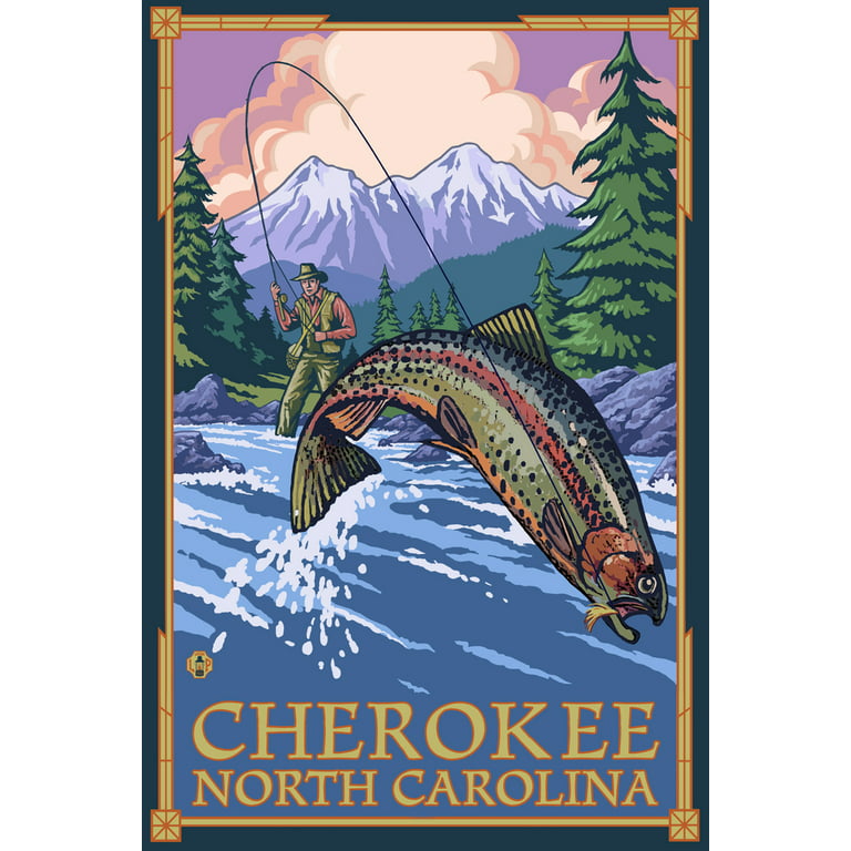 Cherokee, North Carolina, Angler Fly Fishing Scene (Leaping Trout) (12x18 Wall  Art Poster, Room Decor) 