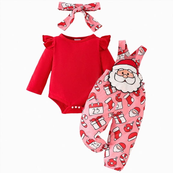 NOLDARES Newborn Baby Girl Outfits 3 Items Long Sleeve Frill Romper Pants Headband Set Fall Winter Clothes,Red,9-12 M