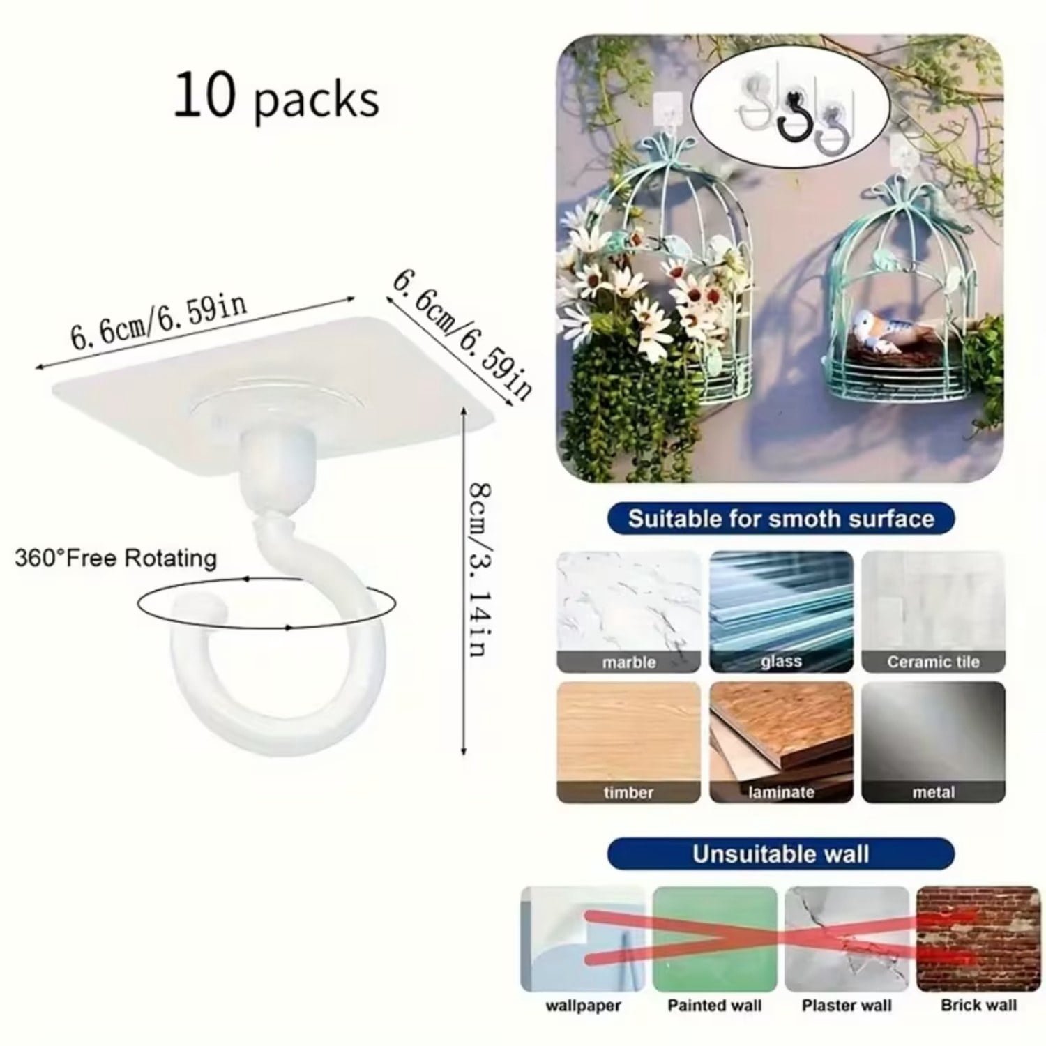 6 Adhesive Ceiling Hooks, No Drilling, for Hanging Plants, Lamps, Wind Chimes, Lanterns