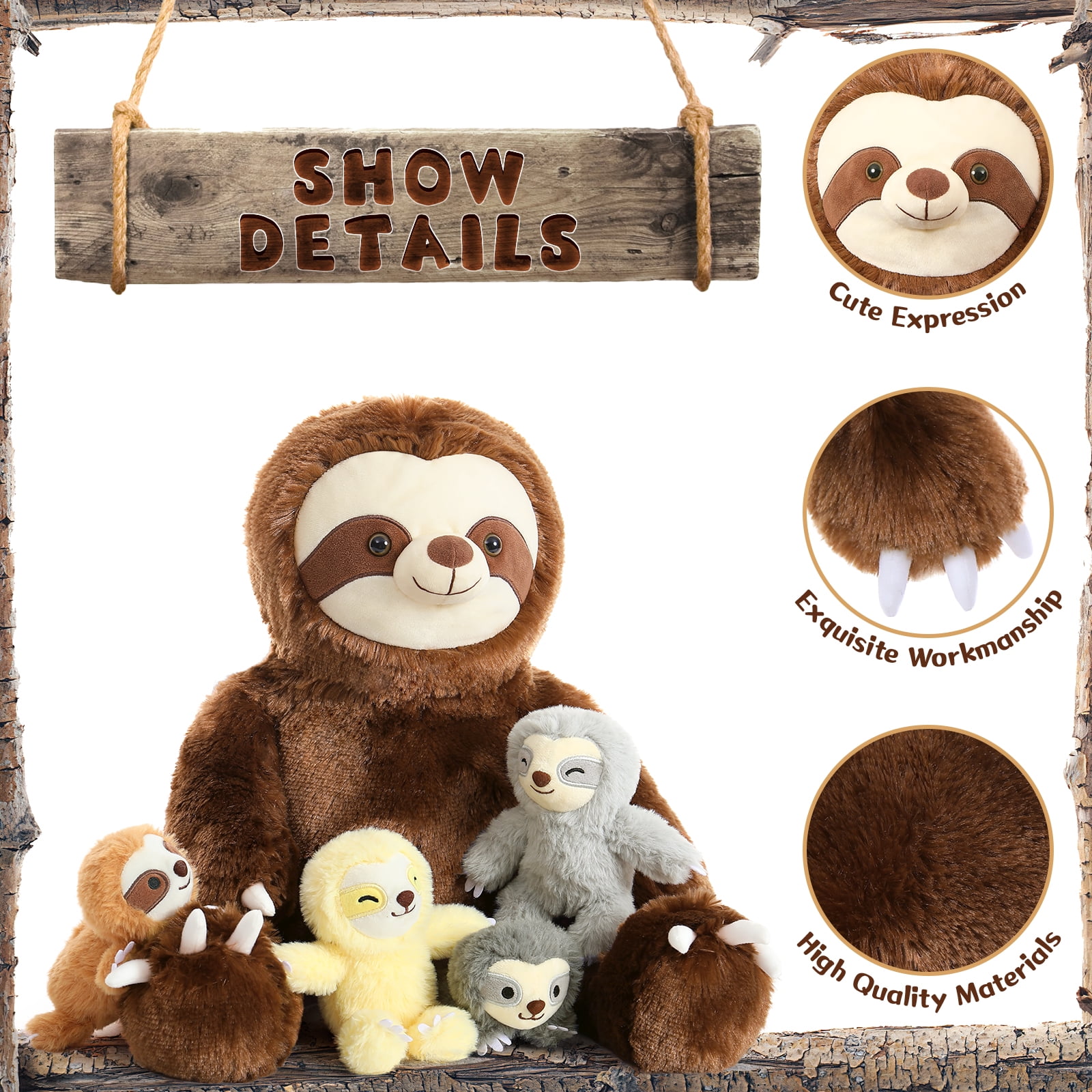 MorisMos 24" Sloth Stuffed Animal Mommy Sloth Plush Toy with 4 Baby Plush Toys