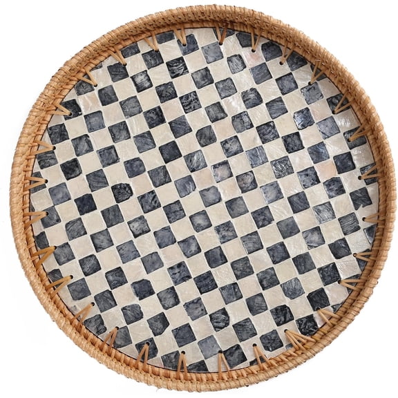 Rattan Serving Tray for Coffee, Bread, Fruits, Decorative Wicker Tray for Table Decor, Home Decor, Kitchen Island Decor(Black Checkerboard, 11.8")
