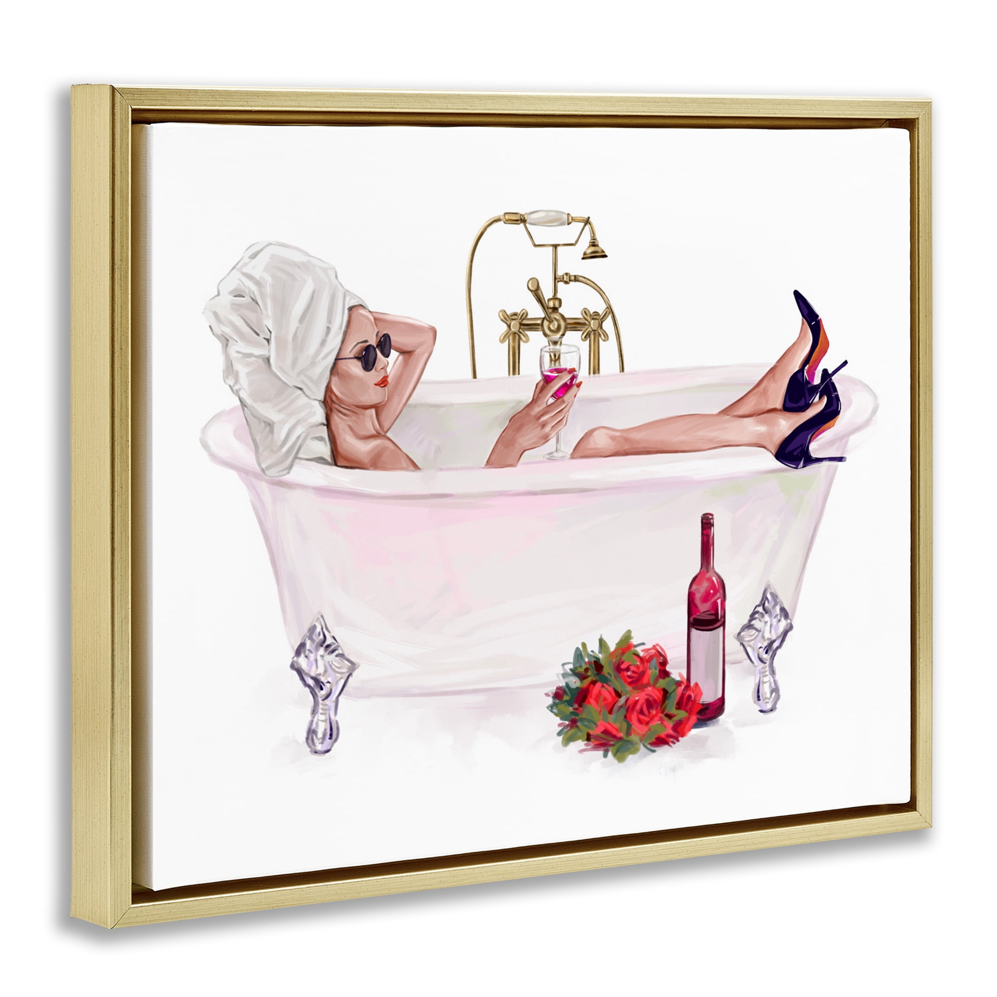 Woman with Wine Bath Gold Framed Floater Canvas Wall Art, design by Ziwei Li