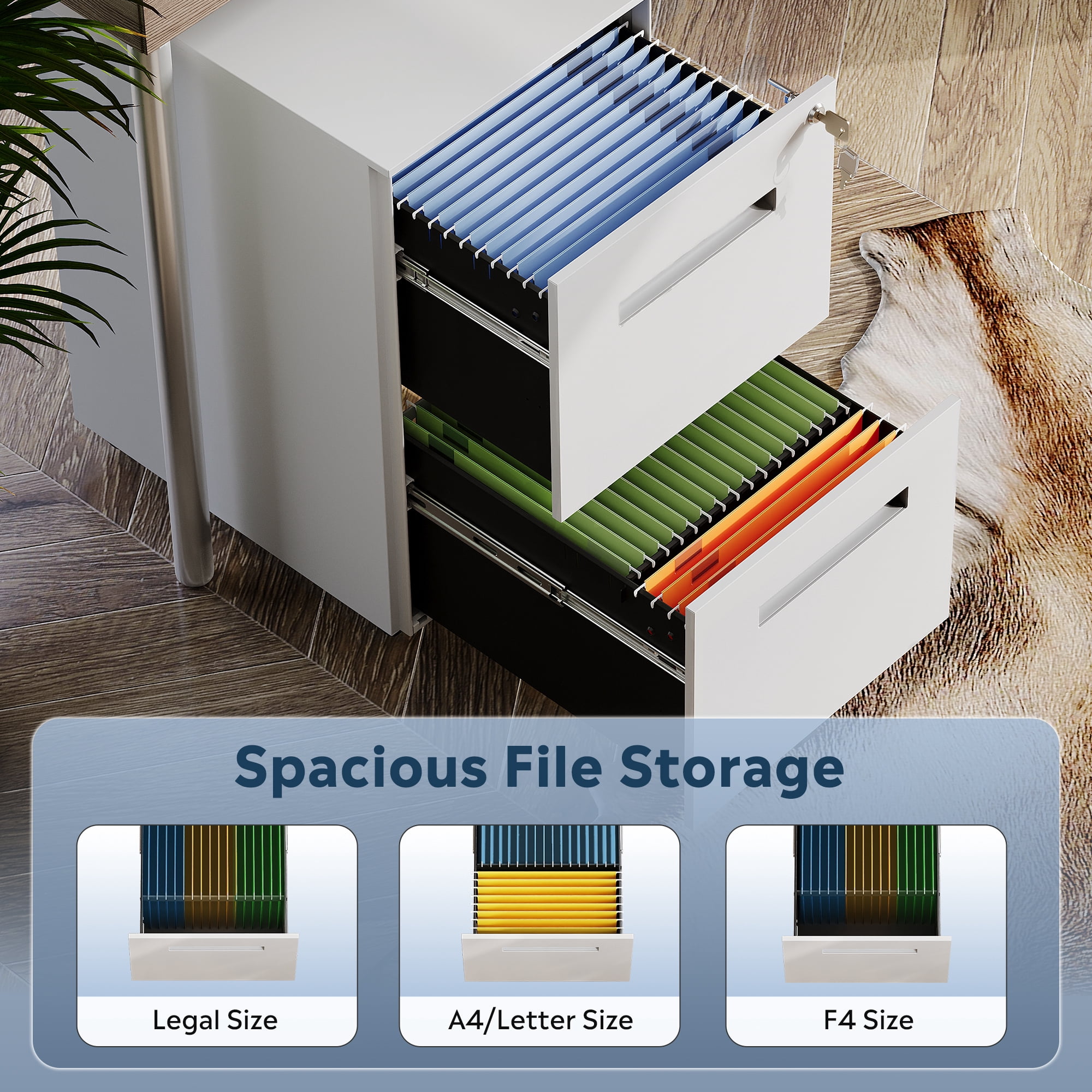 GALAXHERO 2 Drawer Mobile File Cabinet with Lock, Commercial Vertical Filing Cabinet for Home Office, White