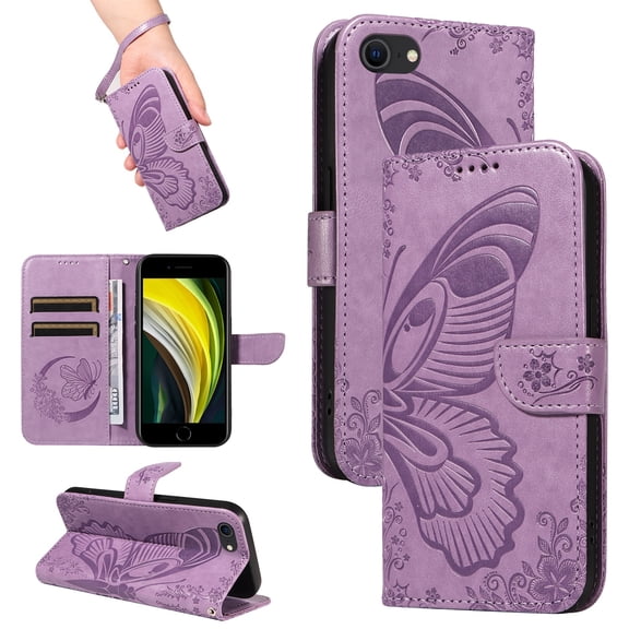 SaniMore Wallet Case for iPhone 7 / 8 / SE 2022 & 2020, PU Leather Embossed Butterfly Flip Folio Cover Card Holder [Kickstand][Wrist Strap] All Arpund Protective Shockproof Shell, Purple