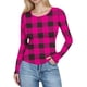 thumbnail image 3 of RKSTN Women's Long Sleeve Ribbed Knitted Shirts Oversized Crewneck Plaid Print Slim T Shirts Top Womens Casual Plus Size Round Neck Checkered Printed Stretch Loose Comfy Tee Fall Spring Clothes, 3 of 8