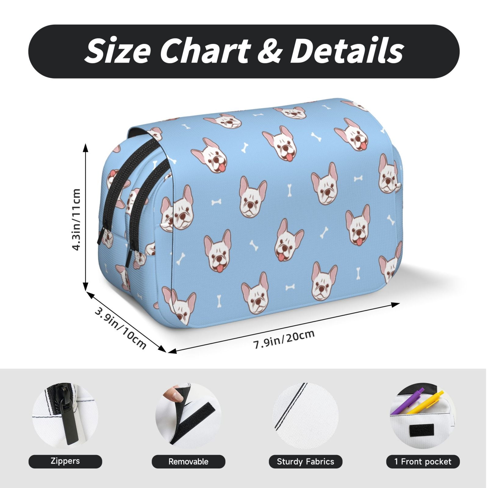 Rateoe French Bulldog Head Pattern Double Clamshell Pen Case, Storage Organizer with Two Zipper Compartments– Holds Up to 50 Pencils & Pens