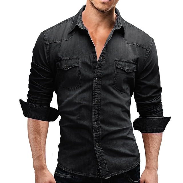 Homme Denim à Manches Longues Robuste à Boutons Basique Uni Blouse T-Shirt Haut
