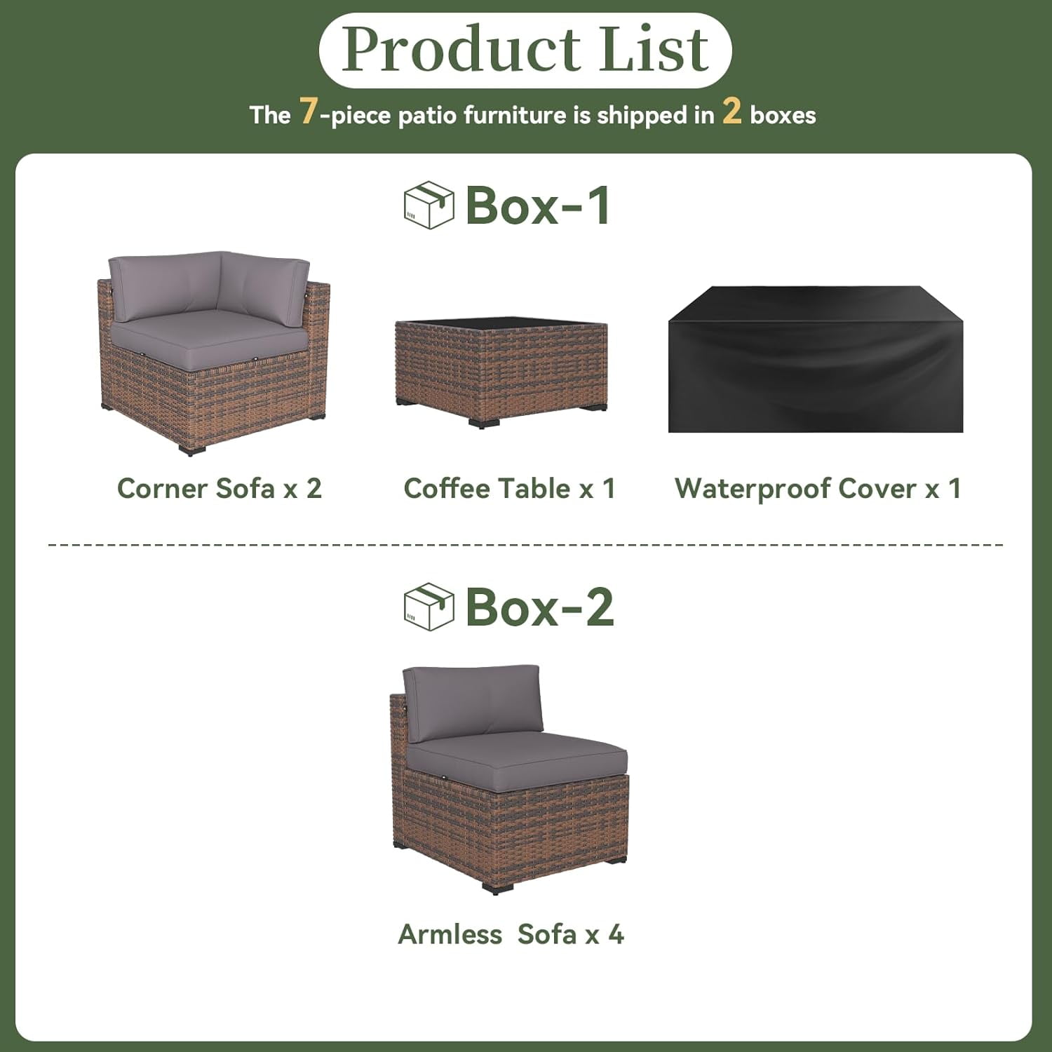 Aoxun 7 Piece Patio Furniture Set Wicker Rattan Patio Conversation Set Outdoor Sectional Sofa Set with Coffee Table and 4” Thickened Cushions, Gray(Waterproof Cover Included)