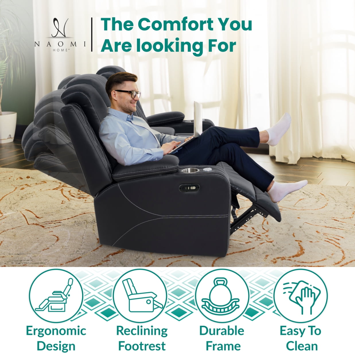 Home Theater Seating, Gaming Chairs for Adults, Wireless Charging Movie Theater Chairs, Power Recline Loveseat with 6 Cup holders and Tray, Powerful in-Built Speaker, USB Ports, Air Leather – Black