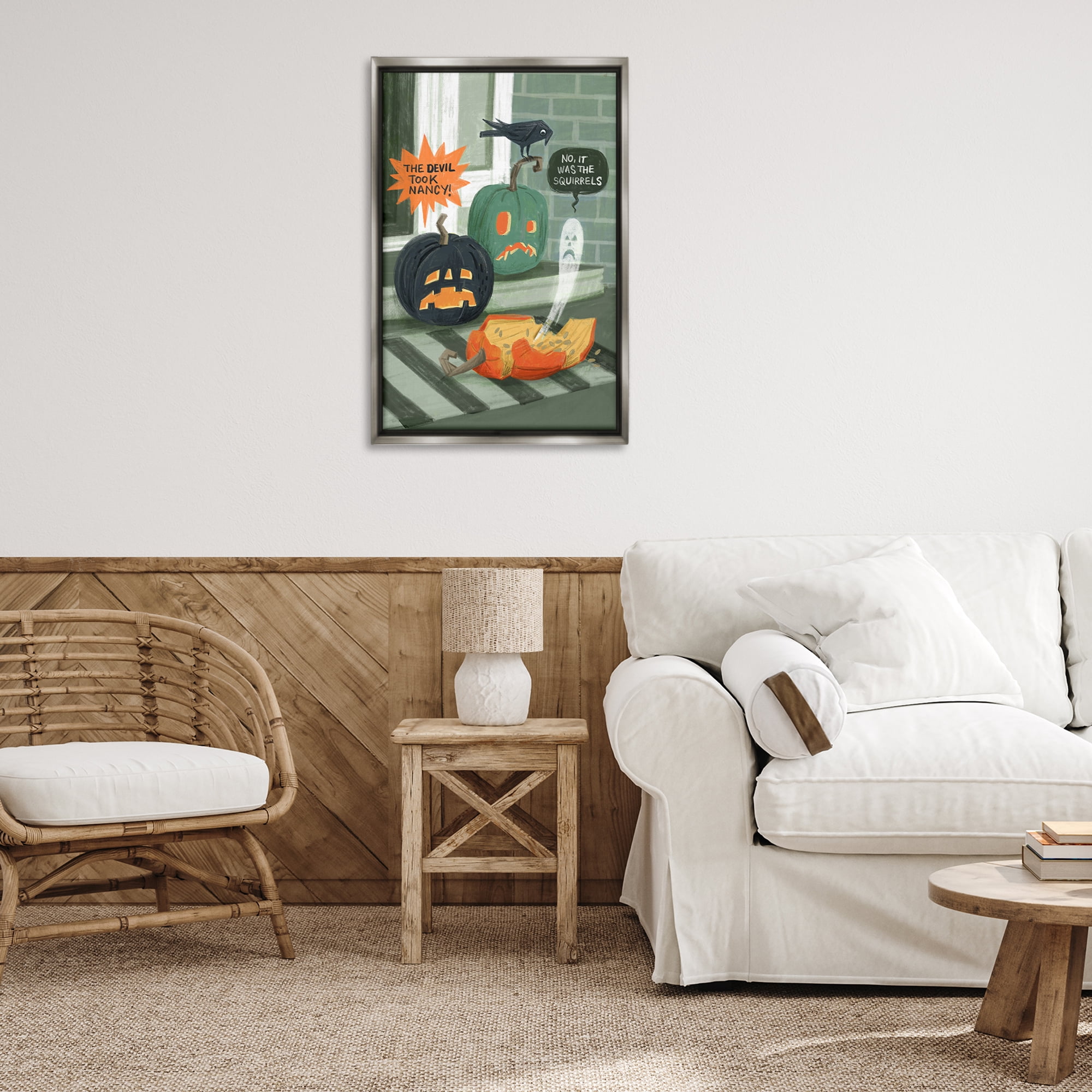 Stupell Industries Porch Pumpkins Mystery Holiday Painting Gray Floater Framed Canvas Art Print Wall Art, 21 x 31