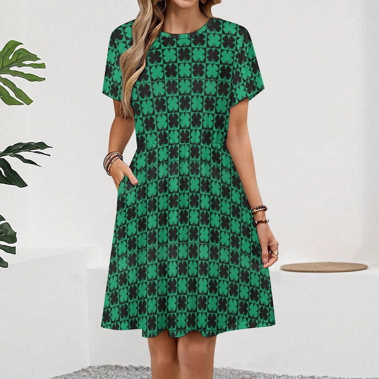Shamrock Or Green Clover Leaves Pattern Dress Fashion Beach Short Sleeve  Dresses Female Party Printed Sundress - Walmart.com