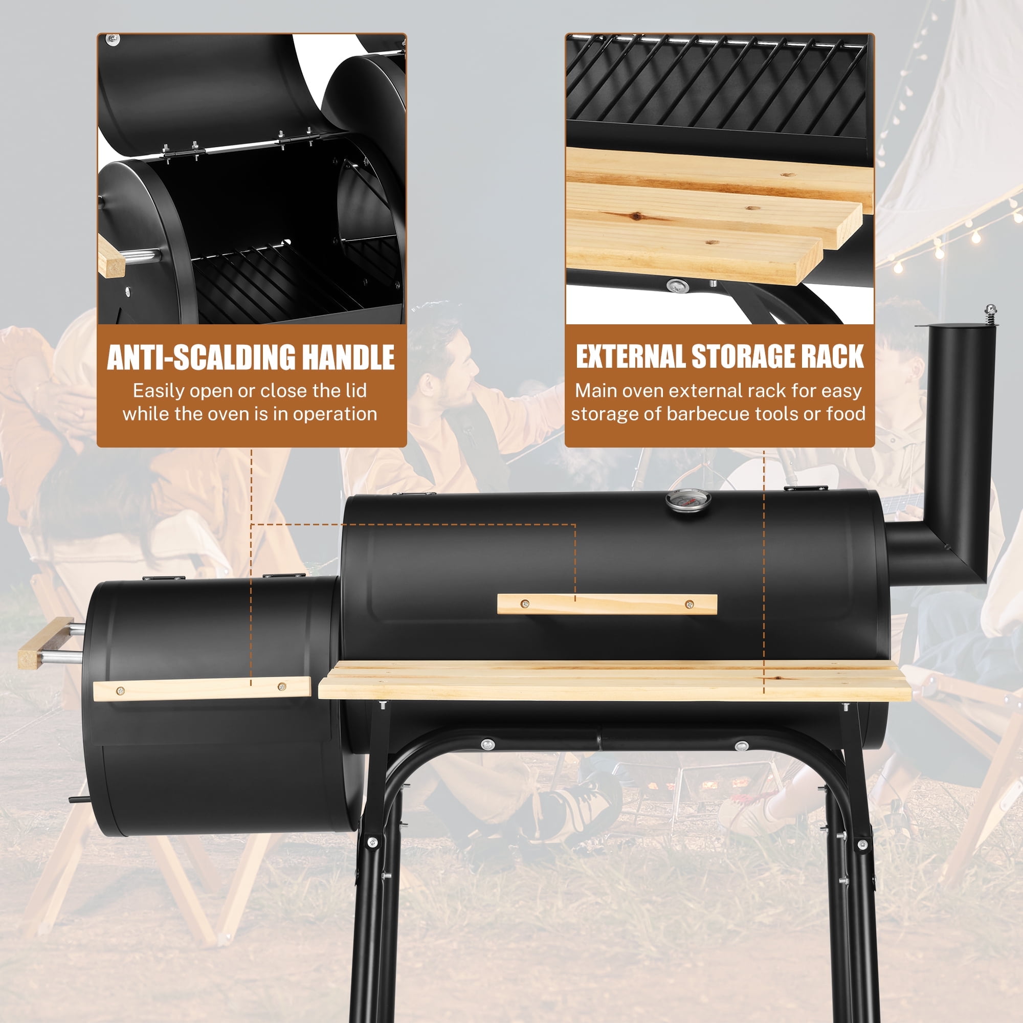 Grill, Enyopro Charcoal Grill, Portable BBQ Grill & Smoker Combo, with Offset Smoker and Wood Shelf, Thermometer, Wheels, for Outdoor Picnic, Patio, Backyard, Camping