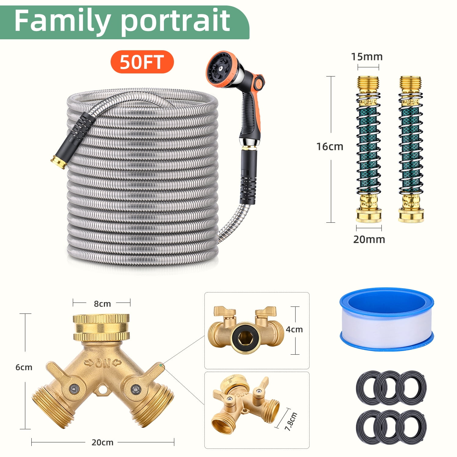 50ft Garden Hose, 304 Stainless Steel Metal Water Hose with 10-Mode Nozzle Sprayer & 6 Extra Rubber Washers, Durable Outdoor Hose for Lawn Watering, Yard, Patio