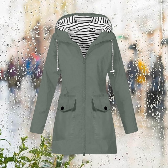 LOVZFMLL Jackets for Women Solid Color Rain Jacket Outdoor Hooded Windproof Loose With Pocket Coat