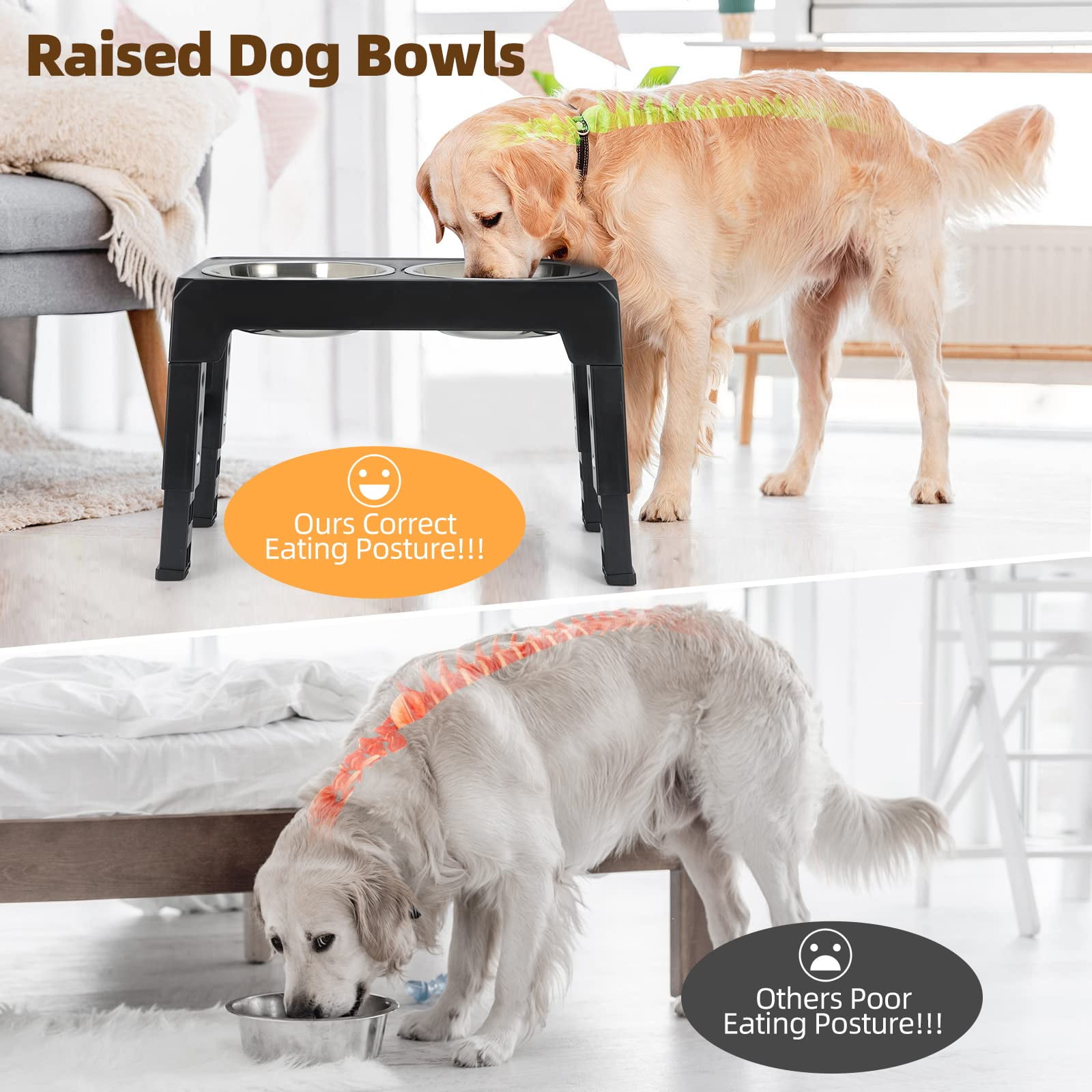 XEENSO Elevated Dog Bowls, 4 Height Adjustable Raised Dog Bowl with 2 Stainless Steel Dog Food Bowls for Small Medium Large Dogs and Pets