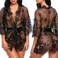 thumbnail image 2 of Camisón de encaje para mujer, traje con cuello en V, lencería transparente, bragas con frente abierto, ropa de dormir con cinturón, 2 of 8