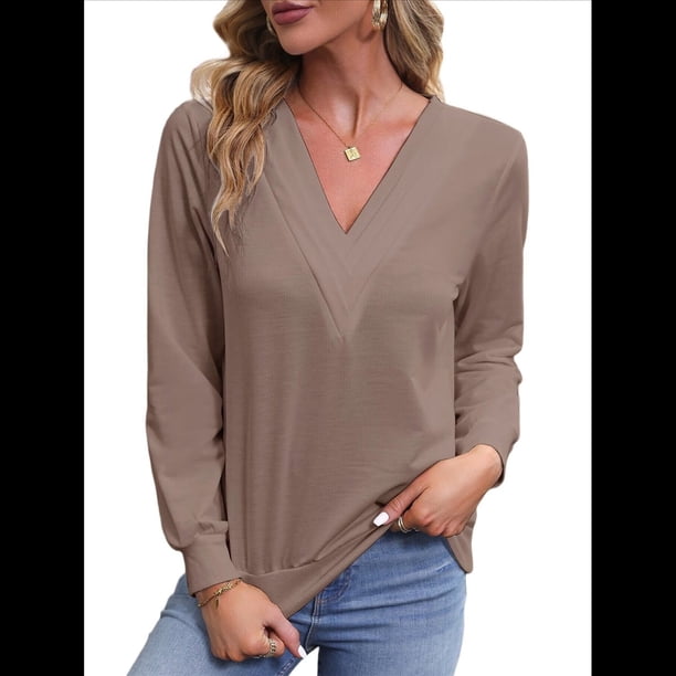 Camisetas de Larga para Mujer, Camisetas Informales con Cuello en V, Cómodas, Básicas y Suaves Marrón L