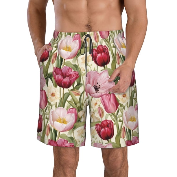 Balery Tulips Flowers Traje de Baño Estilo Hawaiano para Hombre, Shorts de Secado Rápido con Bolsillos-Medium