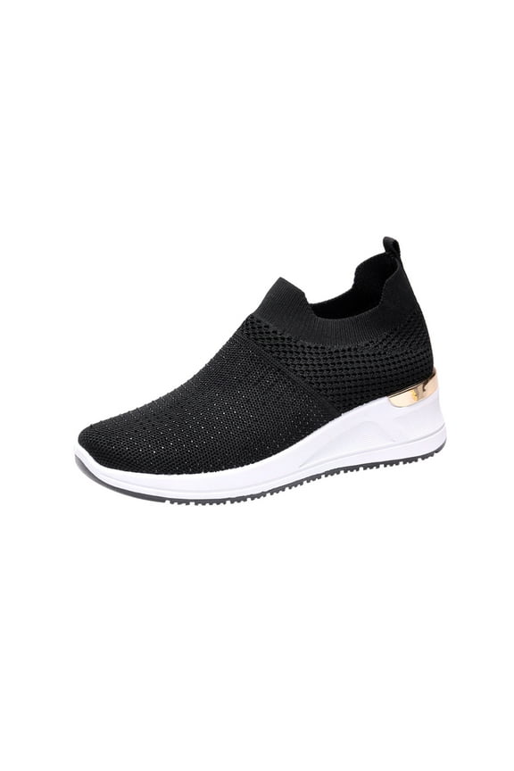 Women's Slip On Sneakers Breathable Mesh Knit Walking Shoes Comfortable Lightweight Running Shoes Wedge Sneakers Black 39