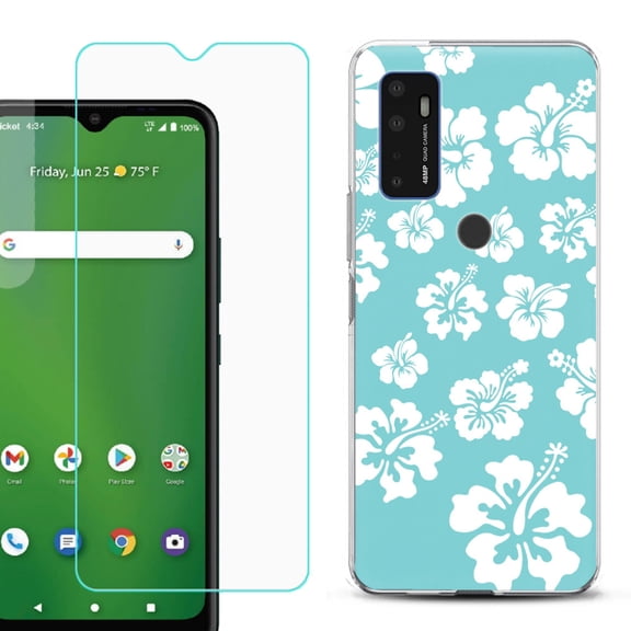 Slim-Fit Gel TPU Phone Case for Cricket Dream 5G, with Tempered Glass Screen Protector, by OneToughShield ® - Hibiscus Teal