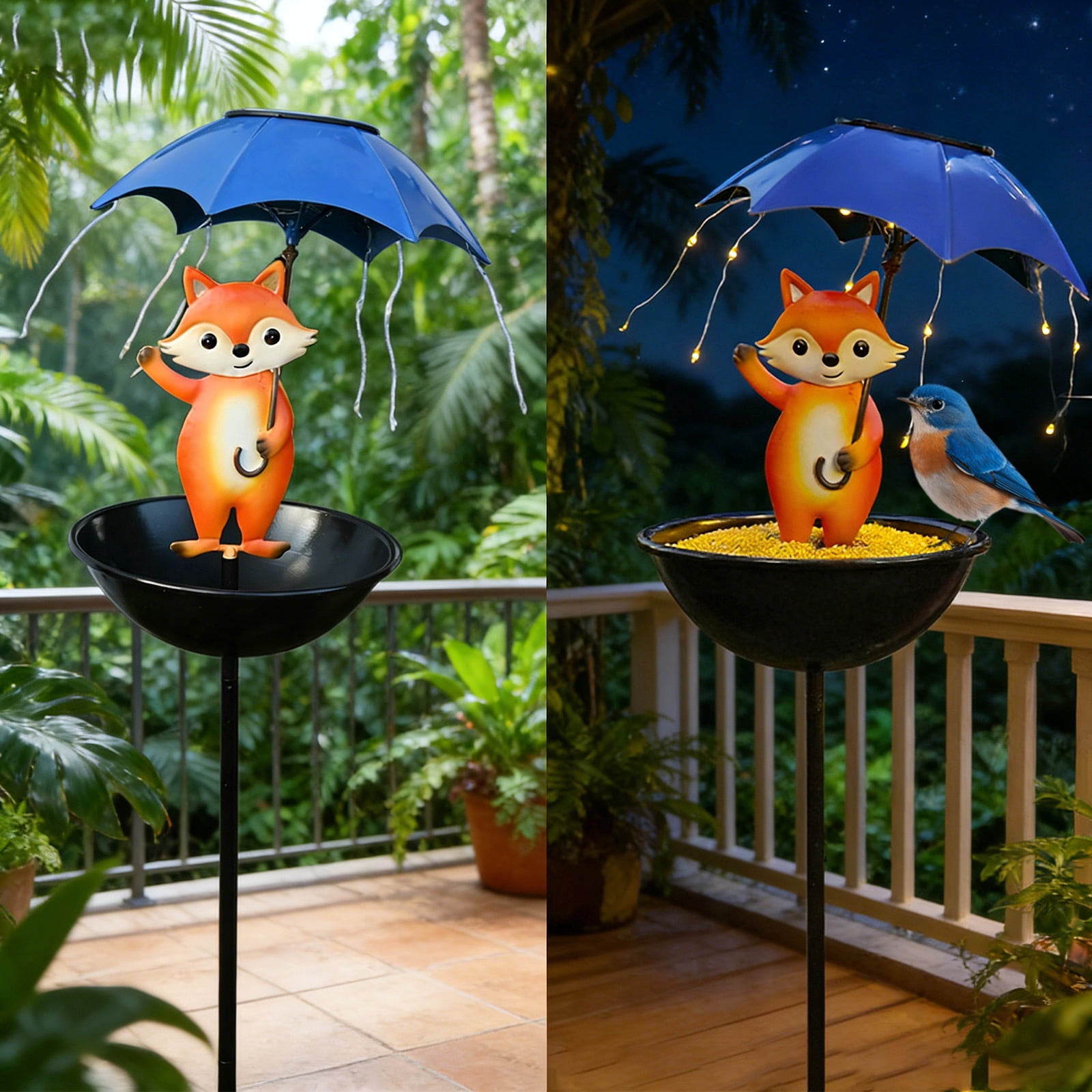 Solar Bird Feeder for Outside, Cute Fox Garden Statue with Umbrella, Outdoor LED Decor Lights, Yard Art Ornament for Patio Lawn Path, Unique Easter Decorations A