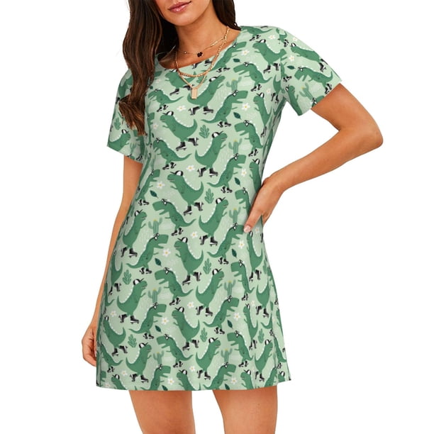 Disketp Dinosaurs on Roller Skater para Camisón Corto de Manga Corta para Mujeres, Camisón Cómodo con Escote Redondo, Bonito y Confortable