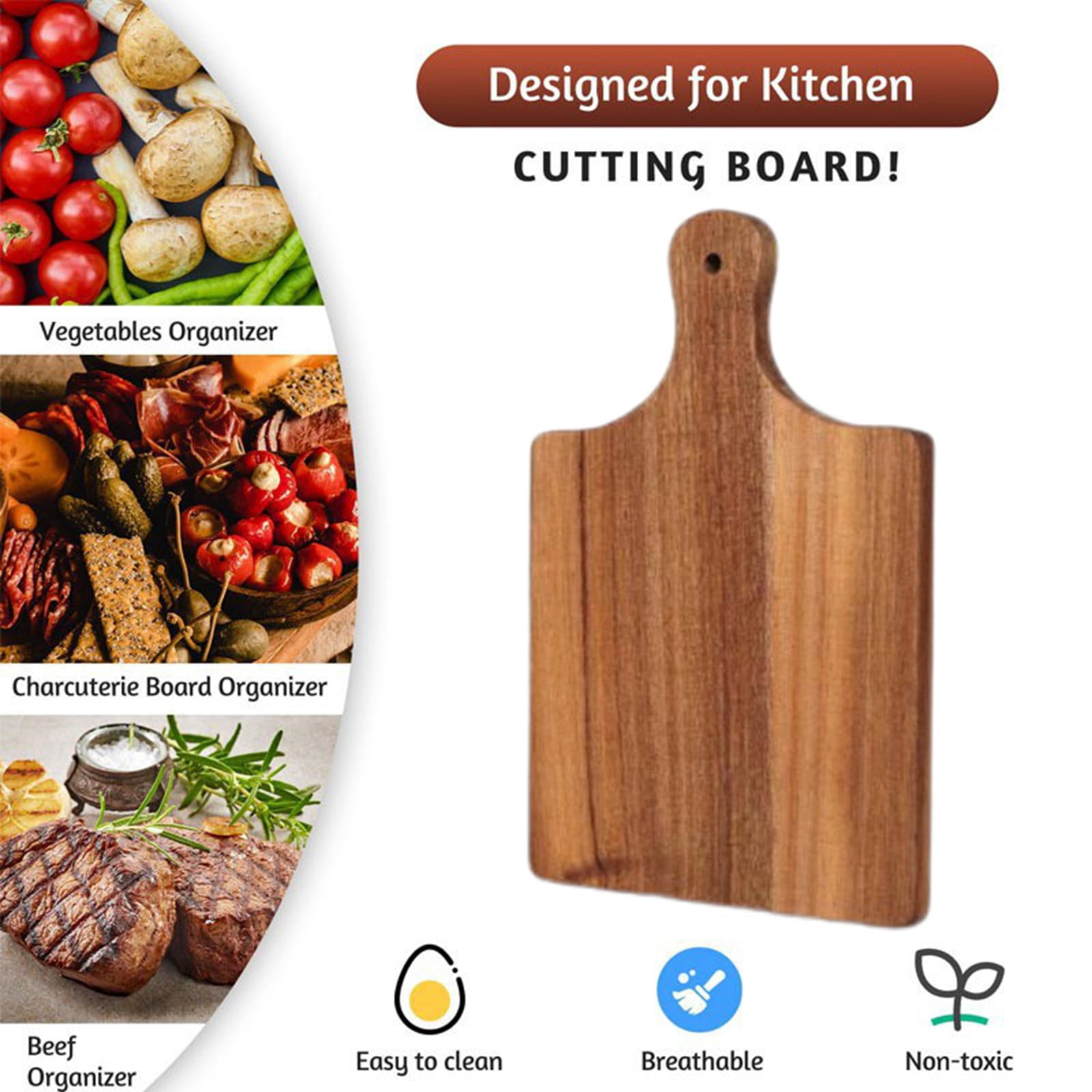 Bxaolu 1Pc Wood Cutting Board with Handle 11.4 x 7.8 Inch Acacia Wooden Serving Kitchen Chopping Boards for Pizza, Bread, Cheese, Charcuterie, Fruit, Vegetables(Brown)