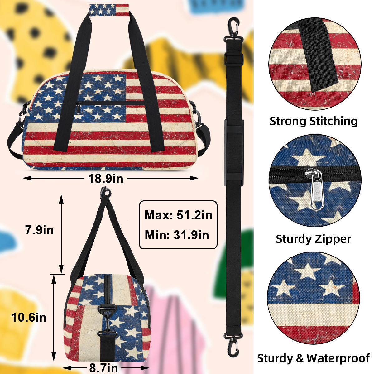 Herdesigns American Usa Flag Sports Duffle Bags Travel Duffle Bag Gym Bag 4th July Independence Day Weekender Travel Bag Waterproof Overnight Bag Carry On Travel Tote Bag Dance Bags