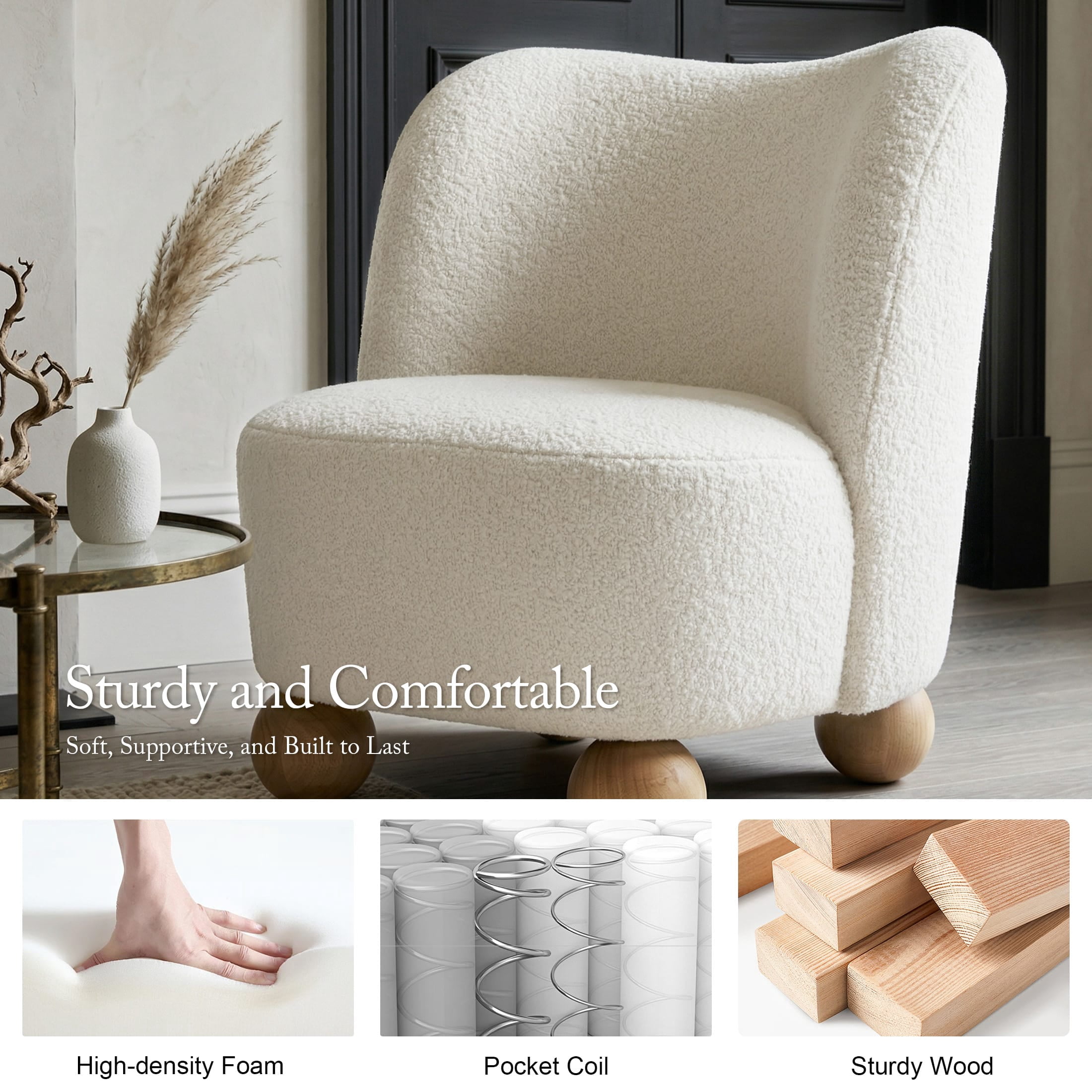Aenkyo Contemporary Boucle Armless Accent Chair with Sculptural Wood Ball Feet, White