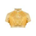 thumbnail image 5 of Aiihoo Kids Girls Jazz Dance Performance Outfit Mock Neck Short Sleeve Sequins Metallic Shirt Crop Top with Shiny Tutu Skirt Streetwear Gold 6, 5 of 6