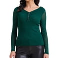 thumbnail image 1 of Camisa casual de fiesta de manga larga semi transparente con fruncidos y panel de lentejuelas en V para mujer, talla XL, color verde, 1 of 6