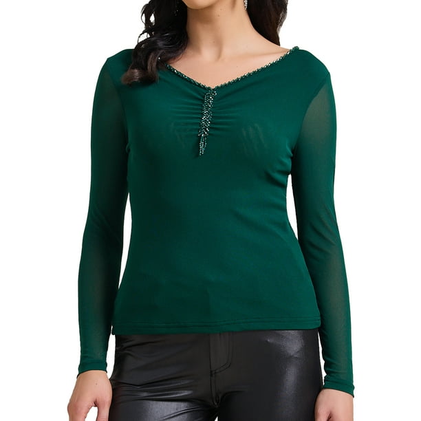 Camisa de fiesta casual de manga larga semi transparente para mujer con panel de lentejuelas y escote en V, color verde L