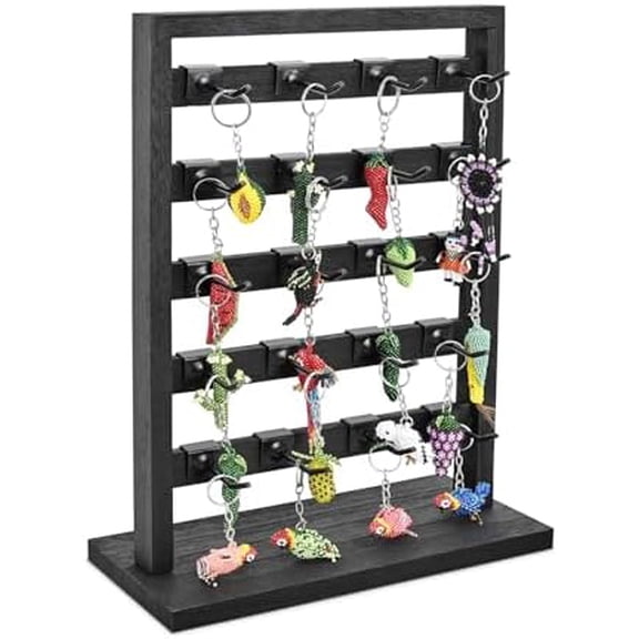 Wooden Jewelry Display Rack with 20 Removable Metal Hooks,Earring Card Display Stand,Jewelry Organizer,Earring Bracelet Organizer, Keychain Stand, Black Color