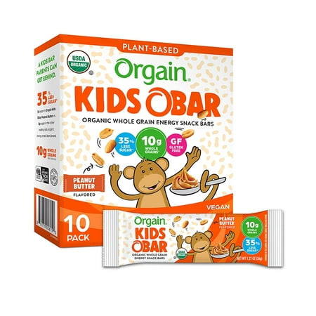 Orgain Organic Kids Energy Bar Peanut Butter - Great for Snacks Vegan 7g Dietary Fiber 4g Protein Dairy Free Gluten Free Lactose Free Soy Free Kosher 1.27 oz 10 Count (Packaging May Vary)