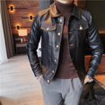 thumbnail image 3 of Chaqueta de motociclista de cuero de otoño e invierno para hombre, estilo rufián, elegante, versión pequeña, entallada, de cuero PU con botones para hombre, 3 of 6