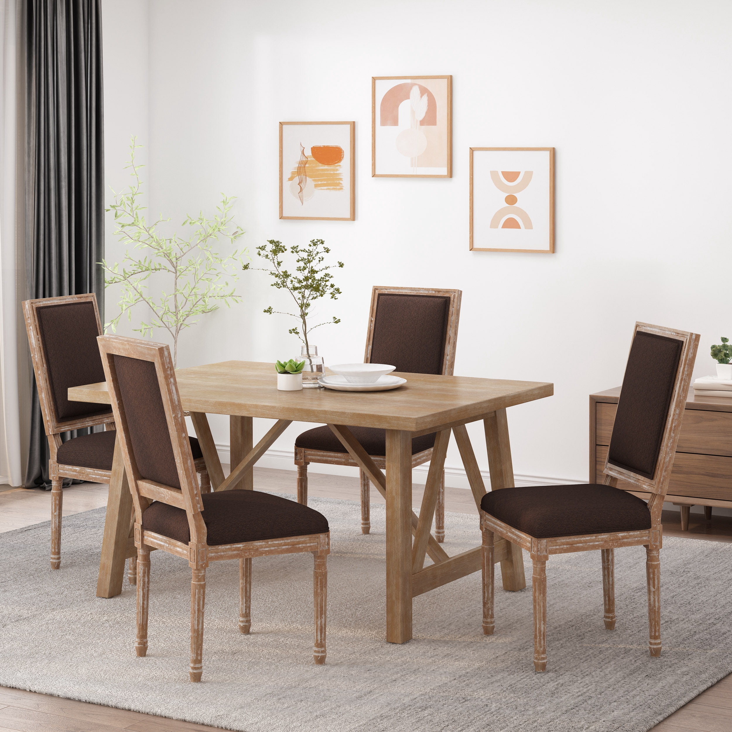 Noble House Robin French Wood Upholstered Dining Chair, Set of 4, Brown