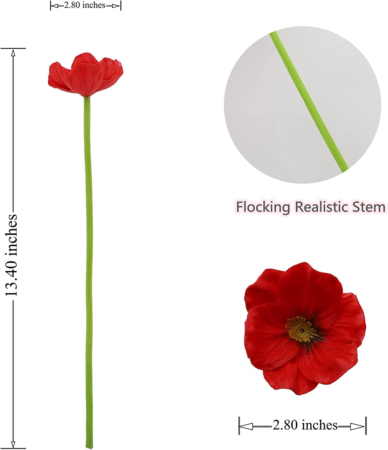 Zukuco Artificial Flowers, Realistic Latex Poppy Flocking Long Stem Fake Poppies Flowers for Home Wedding Party Decor, Floral Arrangements, Centerpieces Décor(Red)