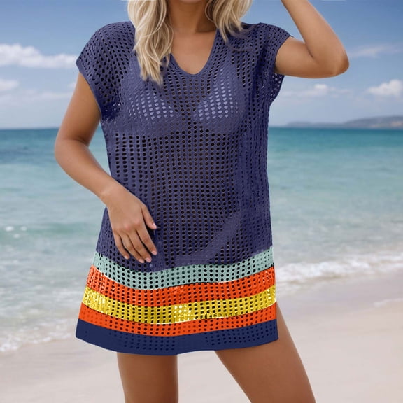 Beach Cover Up Women Summer Crochet Swimwear Cover Up V Neck Boho Rainbow Trim Lace Mesh Kimono Sheer Bikini Wrap Chest Cover up for Women Swim Cover up Dresses for Women Cover up Bottoms for Swimwear
